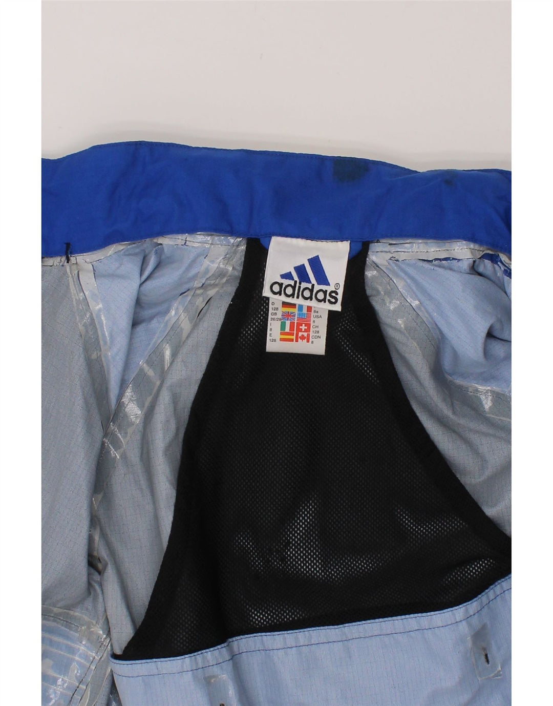 ADIDAS Boys Rain Jacket 9-10 Years Blue Colourblock Nylon Vintage Adidas and Second-Hand Adidas from Messina Hembry 