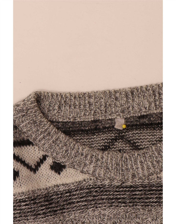 Vintage herre sweater med rund hals, mellemgrå geometrisk uld