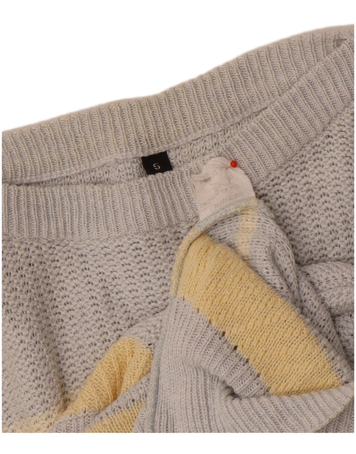 Vintage Herre Boat Neck Jumper Sweater Medium Grå Stribet Bomuld