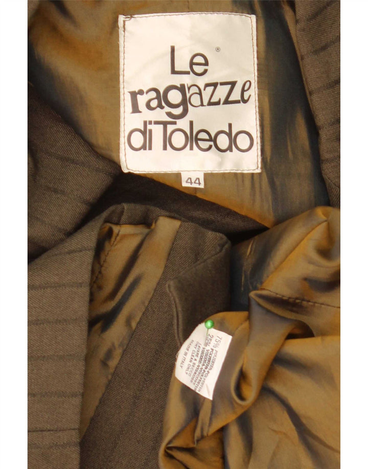 Vintage Kvinders 3-Knaps Blazer Jakke IT 44 Medium Khaki Stribet Polyester