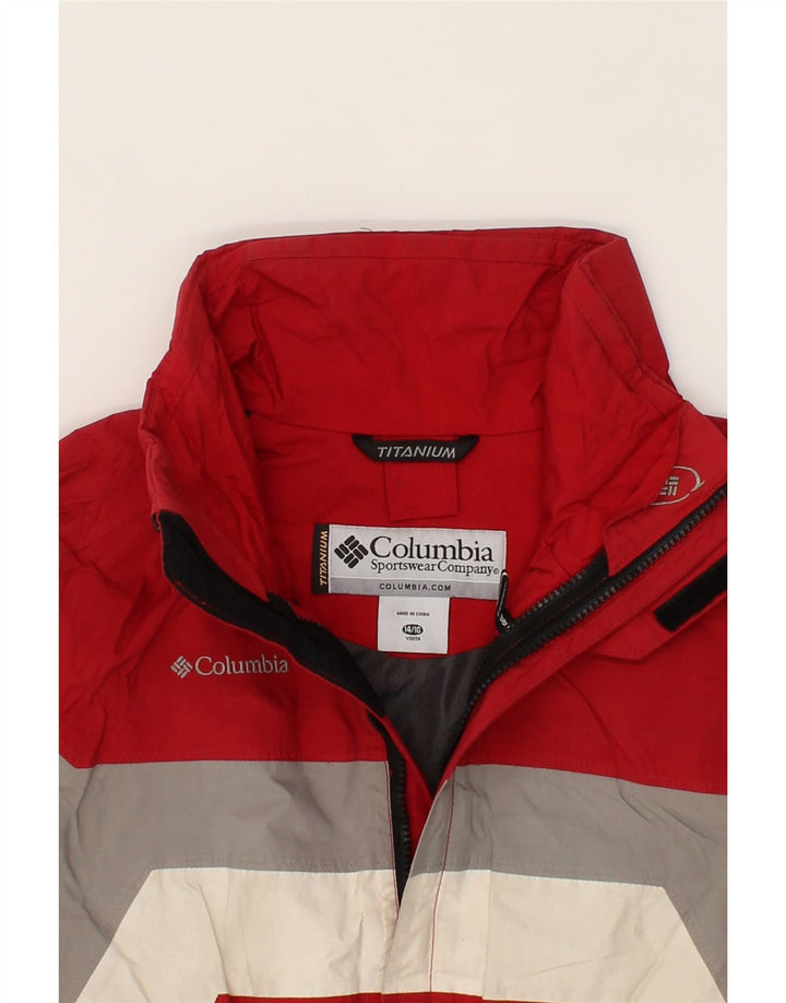 COLUMBIA Boys Titanium Rain Jacket 14-15 Years Red Colourblock Nylon Vintage Columbia and Second-Hand Columbia from Messina Hembry 