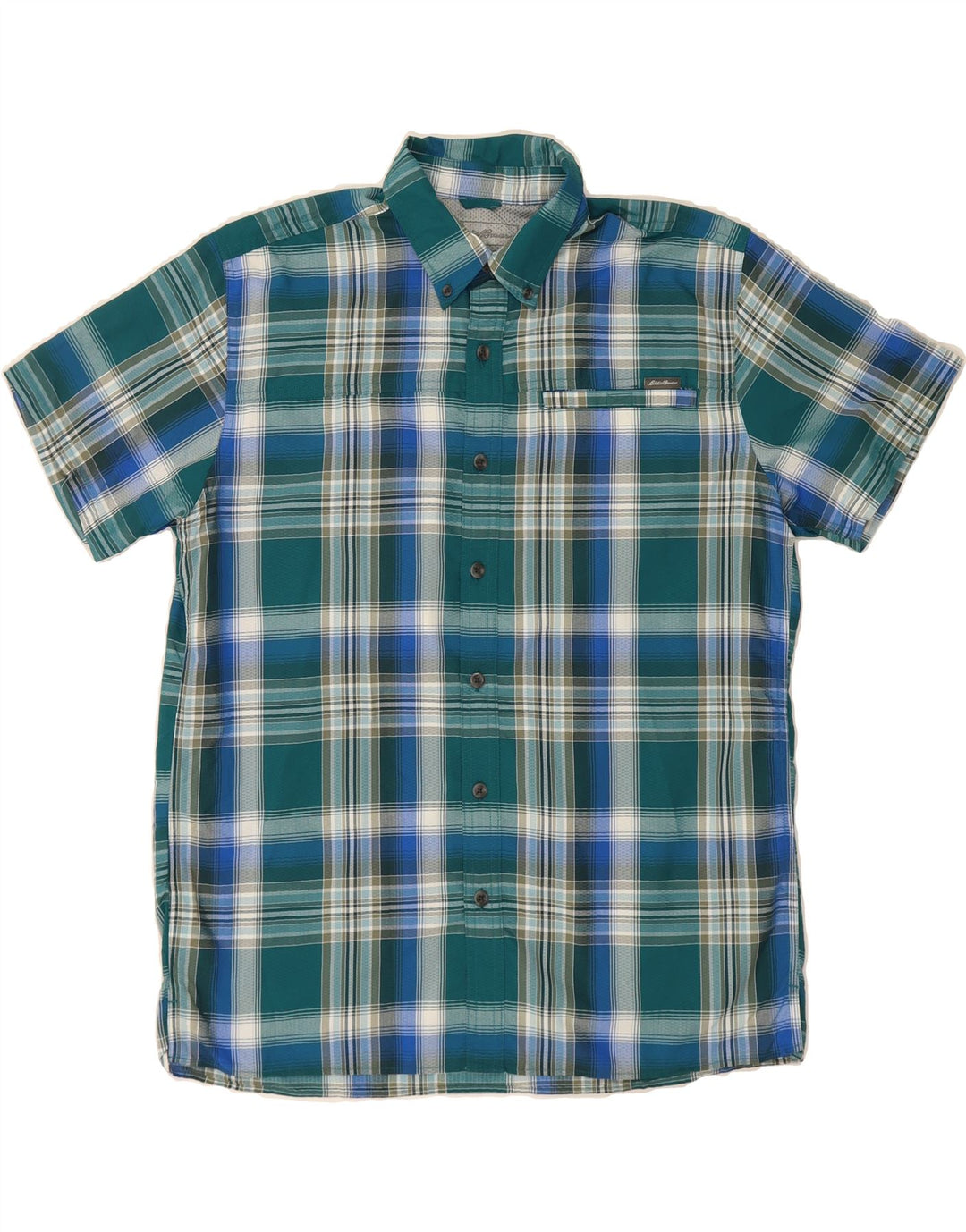 EDDIE BAUER Mens Short Sleeve Shirt Large Green Check Nylon Vintage Eddie Bauer and Second-Hand Eddie Bauer from Messina Hembry 