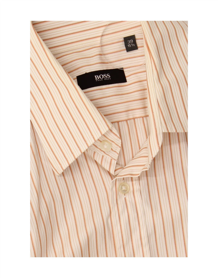 HUGO BOSS Mens Short Sleeve Shirt Size 39 15 1/2 Medium Beige Striped