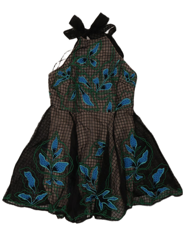 Karen Millen Dame Halter Swing Dress UK 14 Large Black Floral Polyester