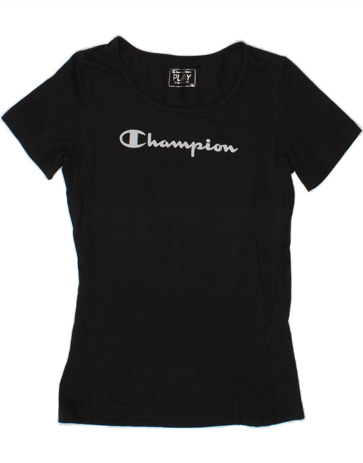 CHAMPION Womens Athletic Fit  Graphic T-Shirt Top UK 14 Medium Black Vintage Champion and Second-Hand Champion from Messina Hembry 