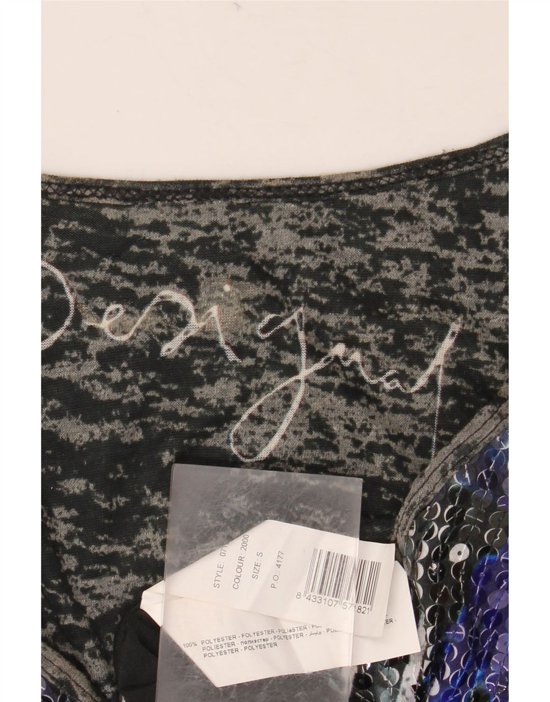 DESIGUAL Dame Grafisk Top Langærmet UK 10 Lille Sort Polyester