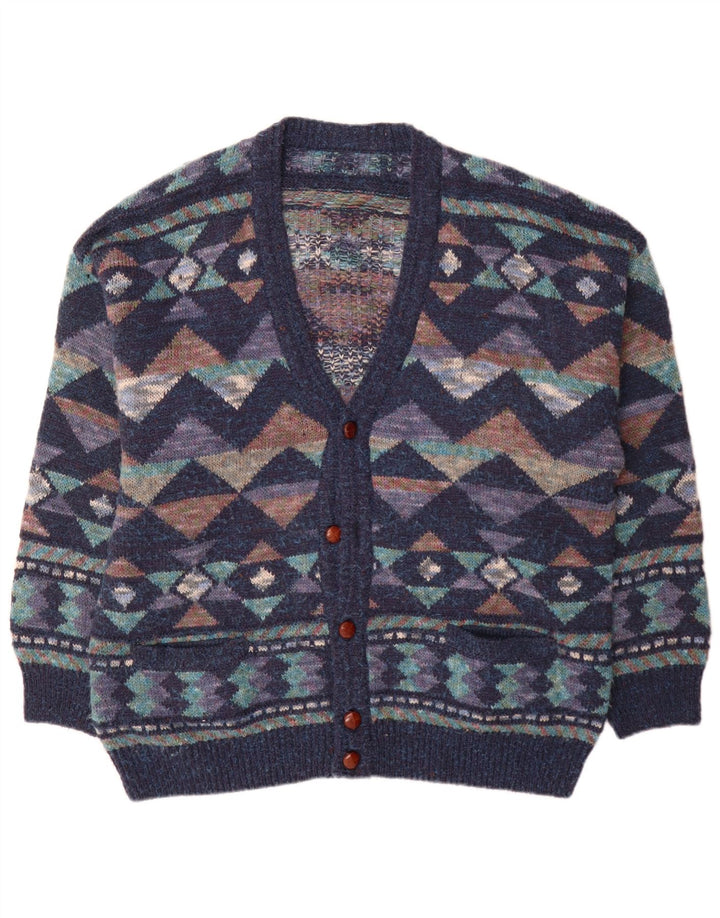 Vintage herre cardigan sweater IT 54 XL marineblå geometrisk uld