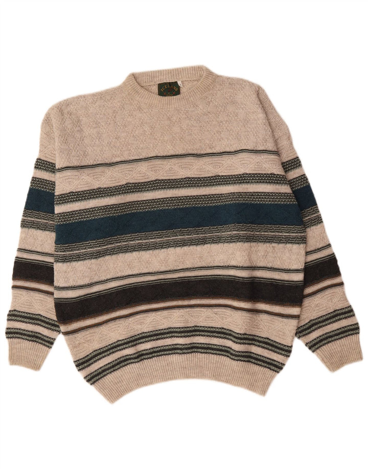 Island Herre rund hals sweater stor beige stribet uld
