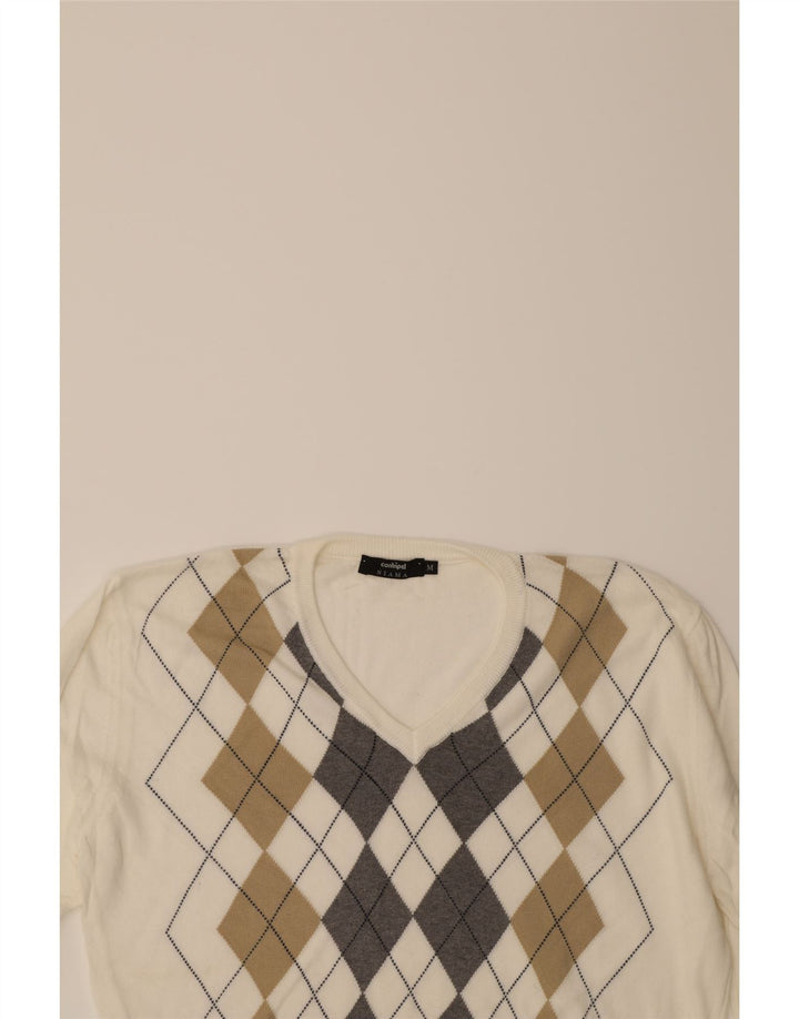 CONBIPEL Mens V-Neck Jumper Sweater Medium White Argyle/Diamond Cotton Vintage Conbipel and Second-Hand Conbipel from Messina Hembry 