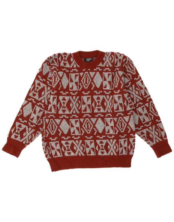 Vintage herre rund hals sweater medium rød geometrisk