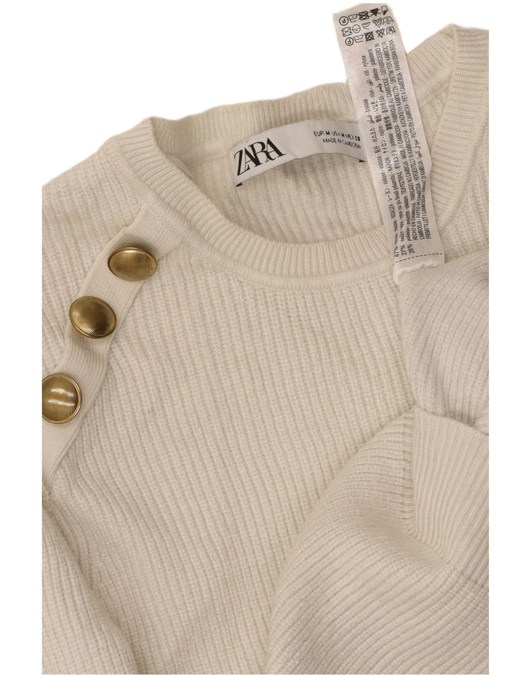 ZARA Womens Crop Crew Neck Jumper Sweater UK 12 Medium Off White Viscose