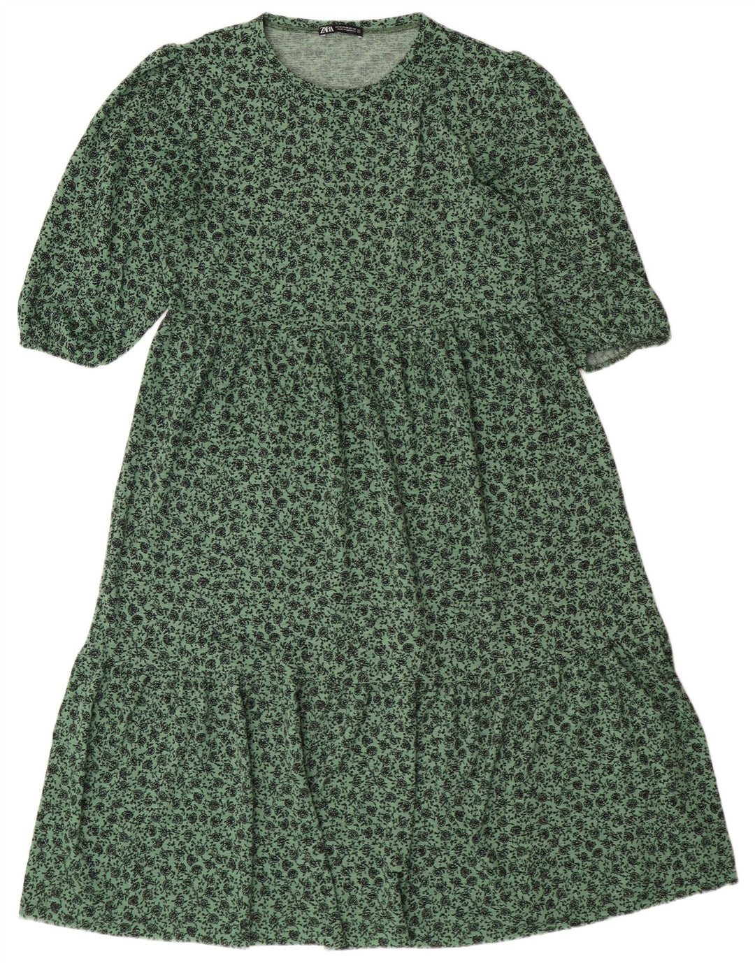 ZARA Dame A-Line Kjole UK 14 Medium Grøn Blomster Polyester