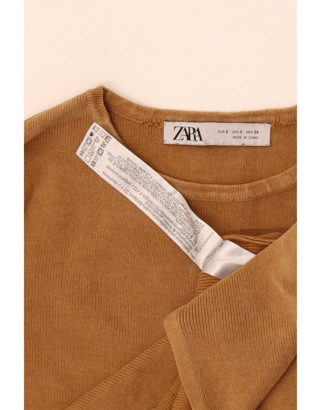 Zara Womens Crop Top Langærmet UK 8 Small Beige Bomuld