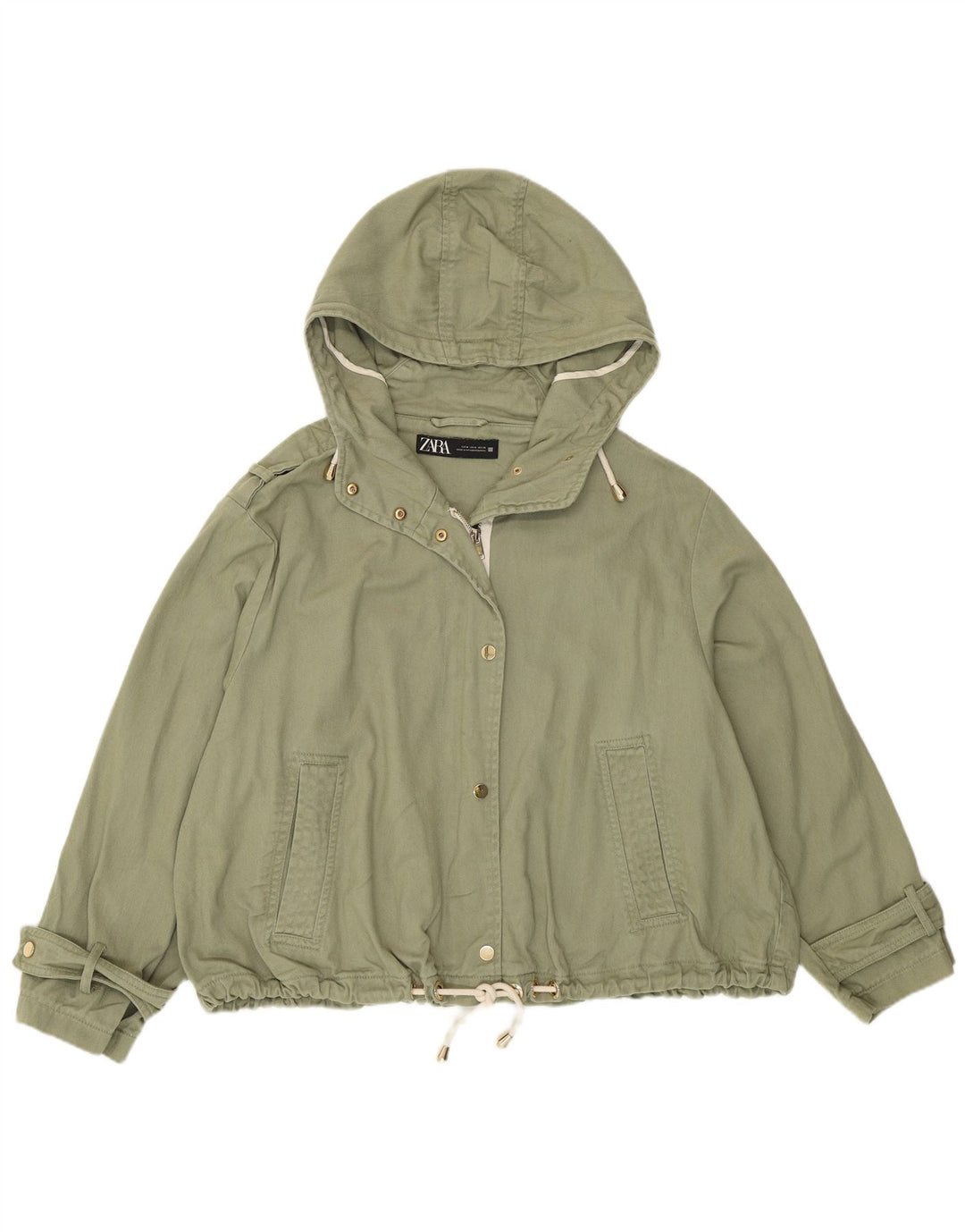 ZARA Oversized Crop Hooded Bomber Jacket til kvinder UK 14 Medium Khaki Bomuld