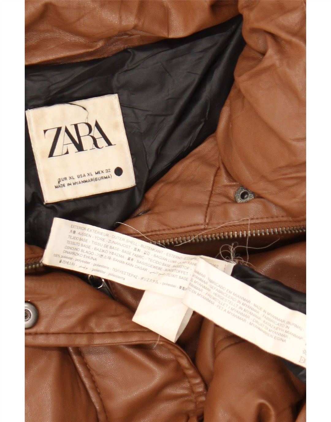 Zara Dame Oversized Faux Leather Polstret Jakke UK 18 XL Brun Polyester