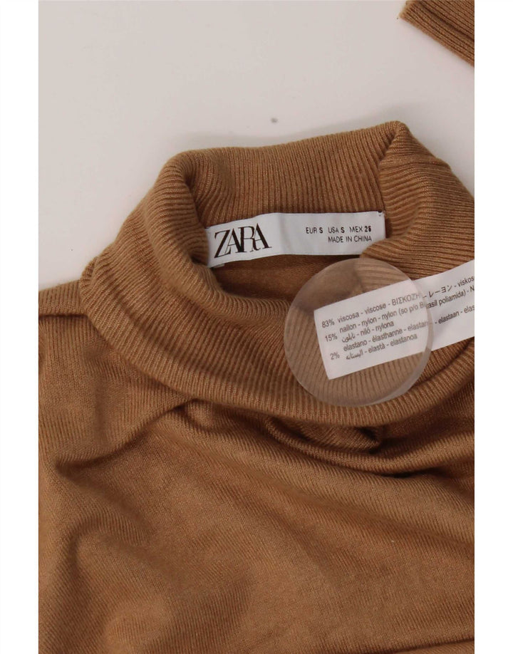 Zara Dame Rullehals Sweater UK 10 Small Brown Viscose