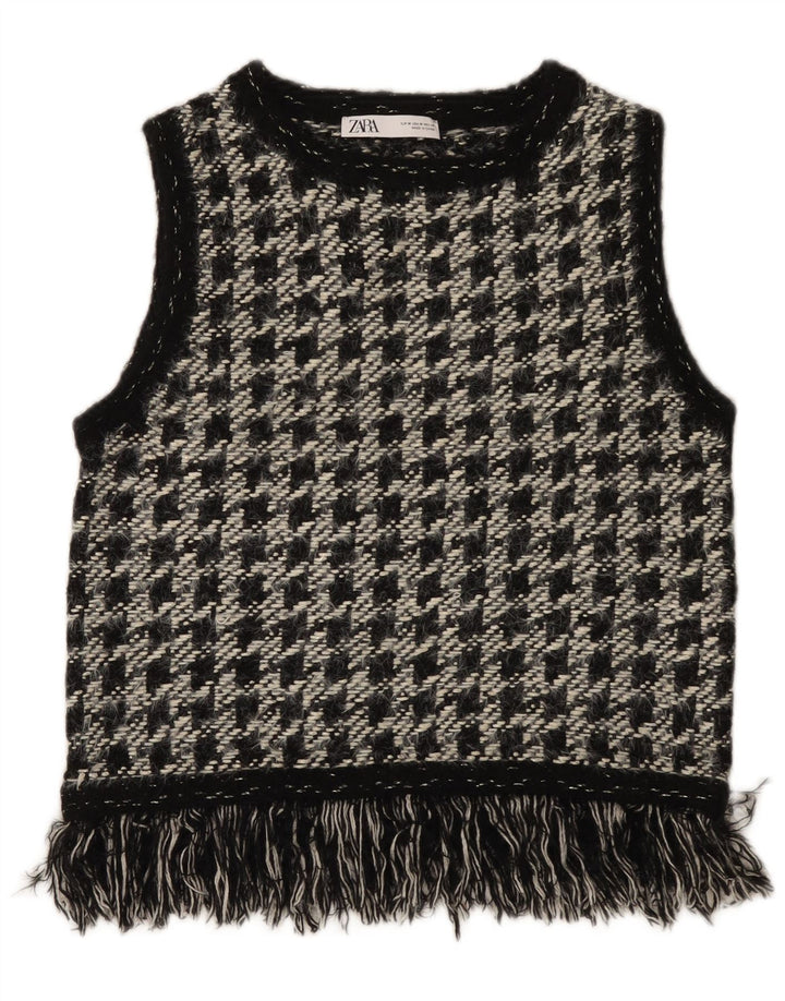 Zara Dame Vest Tank Top UK 12 Medium Black Houndstooth Polyester