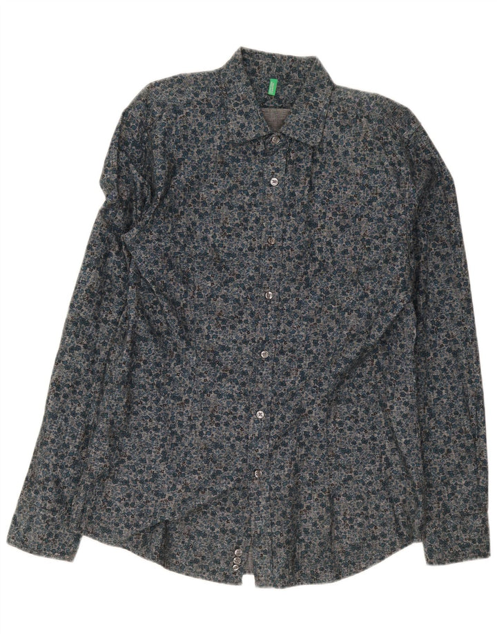 Benetton herreskjorte XL marineblå blomsterbomuld