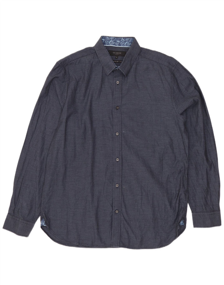 TED BAKER Herre Regular Fit skjorte str. 16 Large Navyblå plettet bomuld