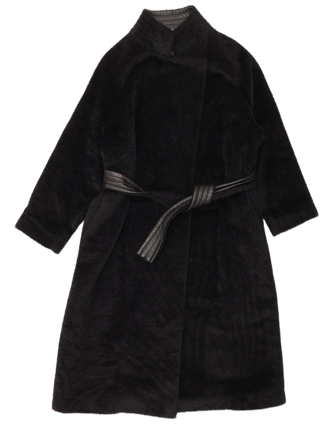 Max Mara Dame Wrap Faux Leather Overcoat UK 8 Small Black Alpaca Wool