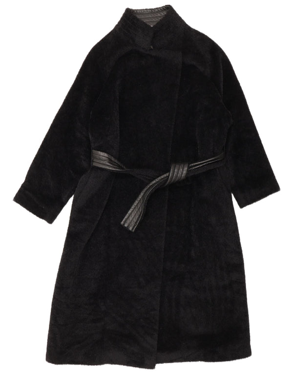 Max Mara Dame Wrap Faux Leather Overcoat UK 8 Small Black Alpaca Wool