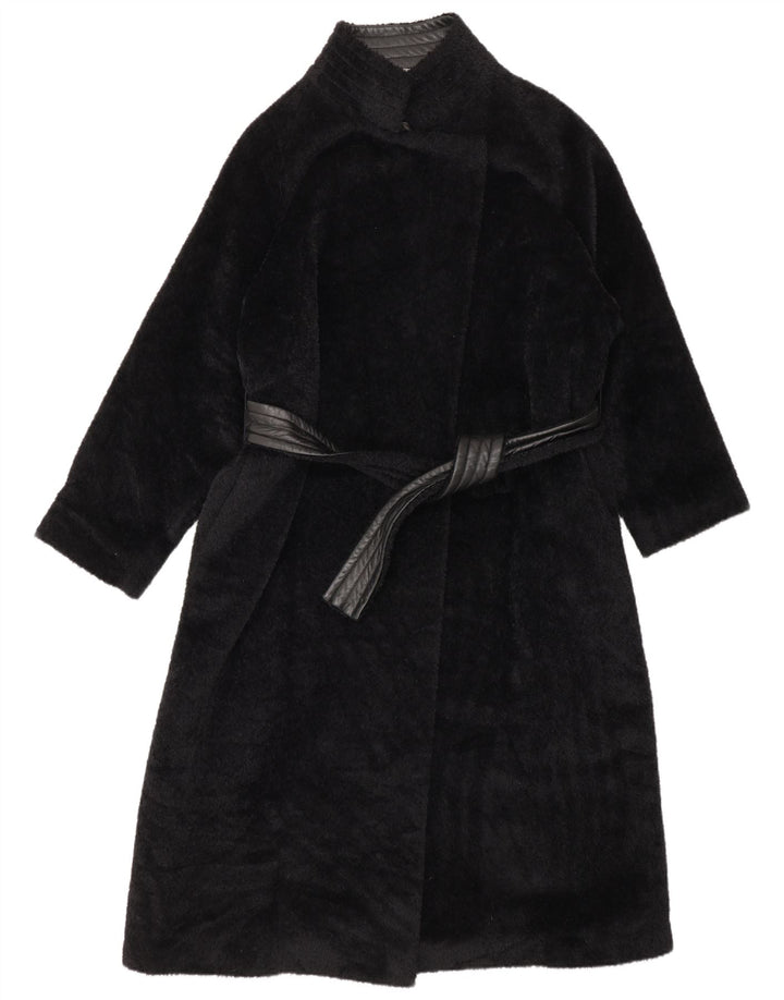 Max Mara Dame Wrap Faux Leather Overcoat UK 8 Small Black Alpaca Wool