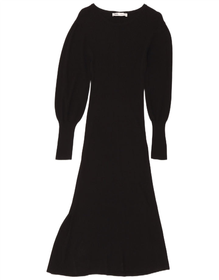 ZARA Langærmet maxikjole til kvinder UK 12 Medium Black Viscose