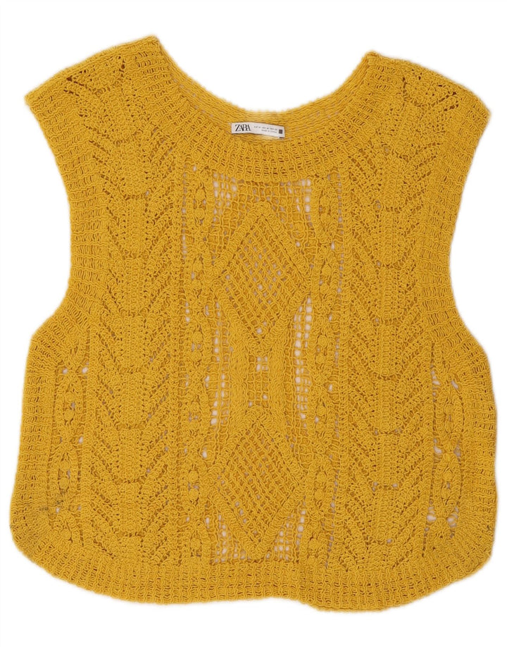 Zara Womens Crop Hæklet Vest Top UK 12 Medium Yellow