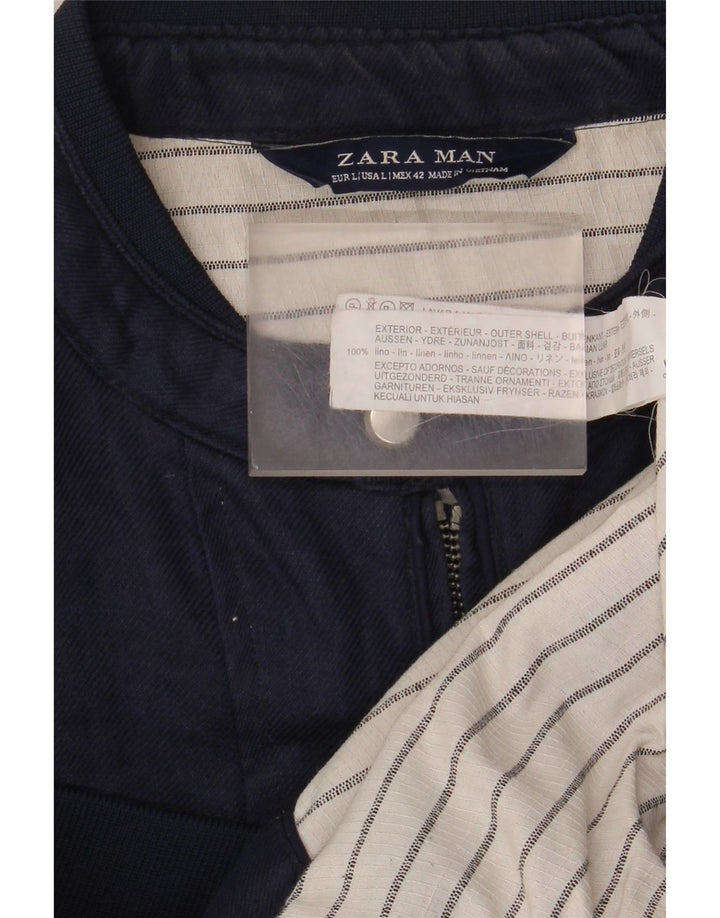 Zara Herre Bomber Jacket UK 40 Large Navy Blue Linen
