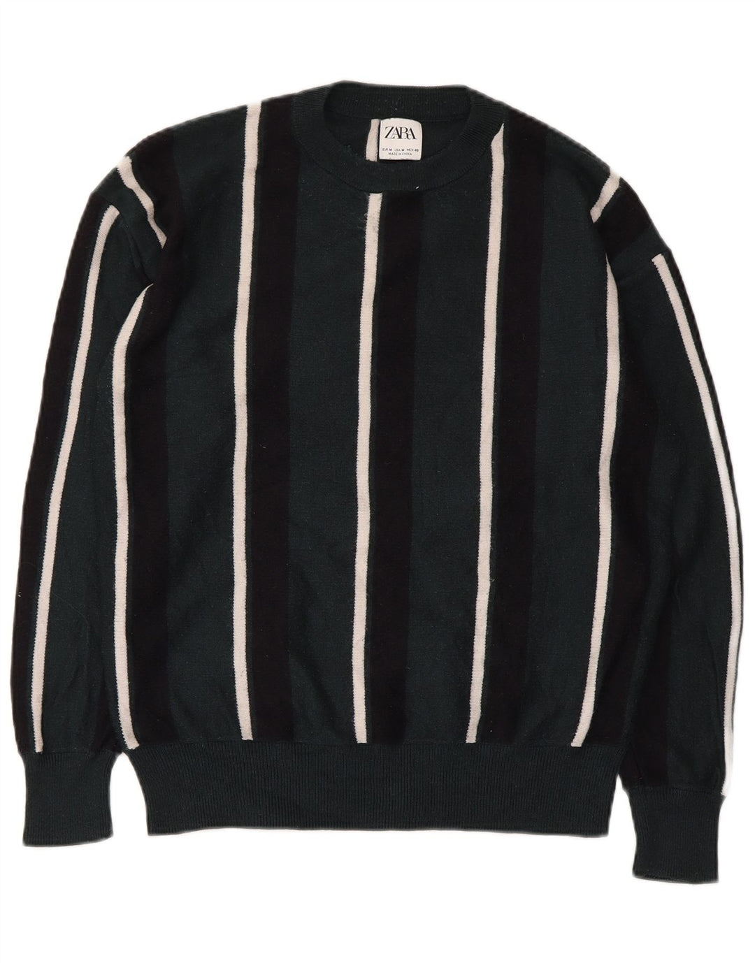 Zara Herre Crew Neck Jumper Sweater Medium Grøn Stribet
