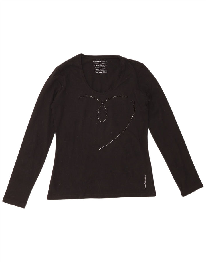 CALVIN KLEIN JEANS Dame Grafisk Top Langærmet UK 14 Stor Sort Bomuld