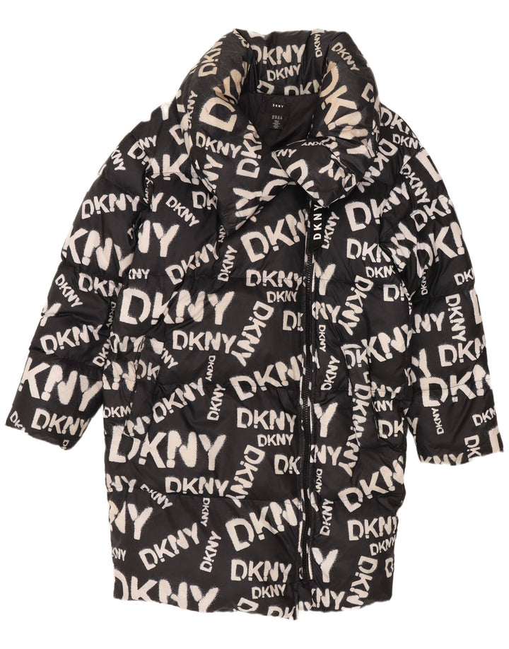 Dkny Womens Grafisk Oversized Polstret Frakke UK 6 XS Sort Nylon