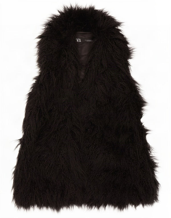Zara Dame imiteret Pels Gilet UK 14 Medium Sort Modacryl