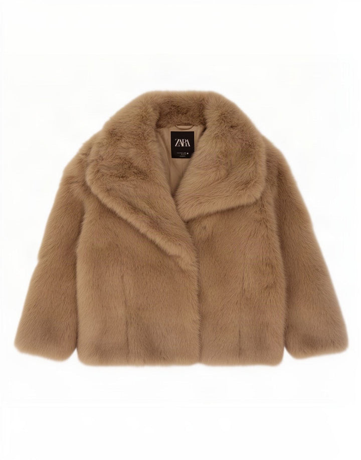 Zara Dame Poplin Faux Fur Jacket UK 16 Large Beige Polyester
