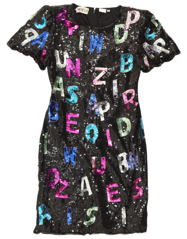 SWEELO Kvinders Grafisk Skede Kjole UK 18 XL Sort Silke