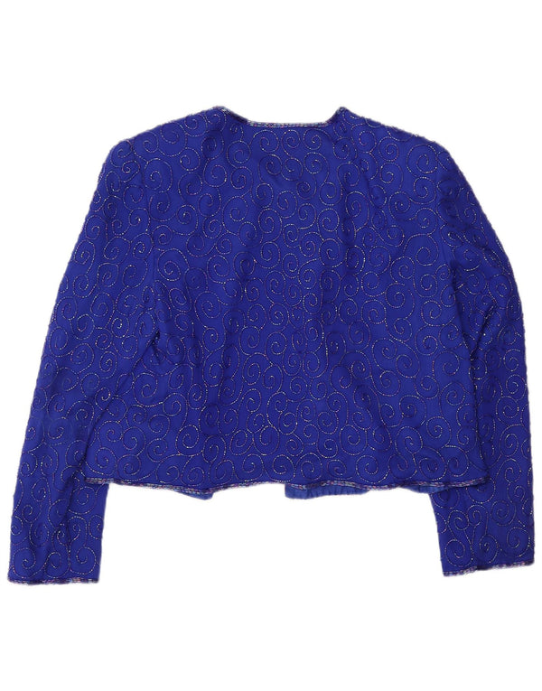 Vintage Womens Crop Blazer Jacket UK 14 Medium Blue Silk
