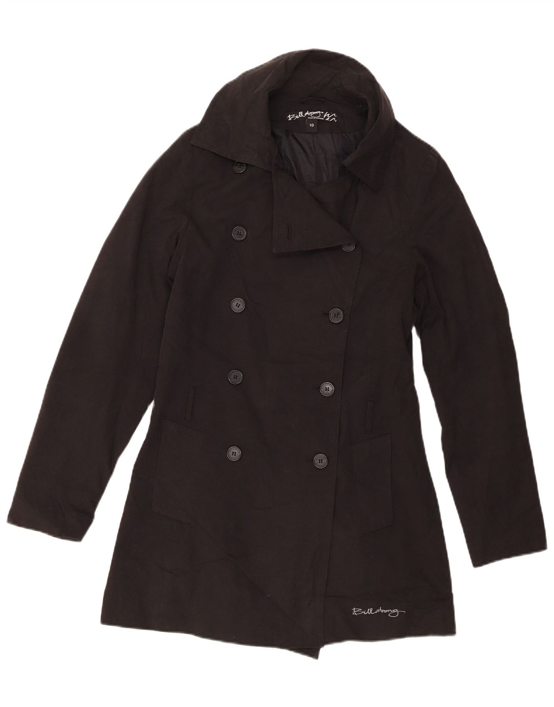 Billabong Dame Dobbeltradet Frakke UK 10 Small Black Bomuld