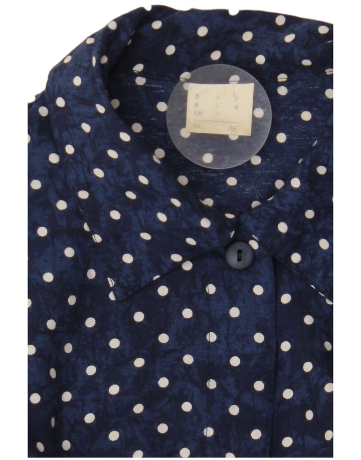 VINTAGE ærmeløs skjortebluse til kvinder EU 34 XS Marineblå Polka Dot
