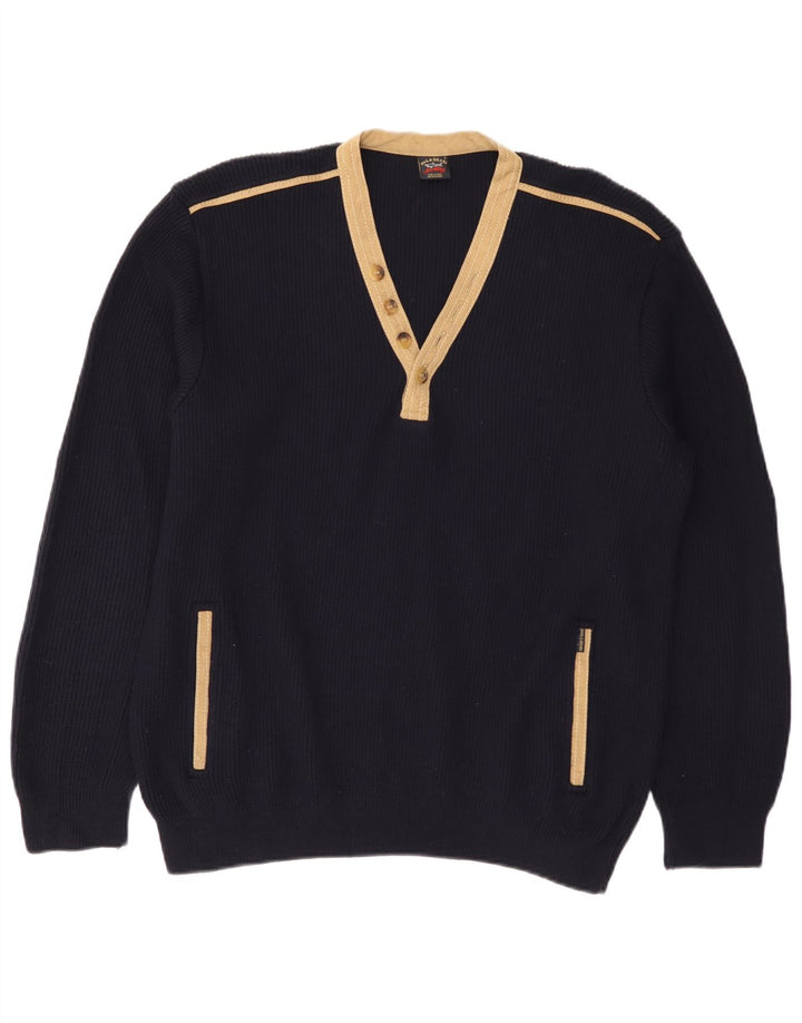 PAUL & SHARK Mens V-Neck Jumper Sweater Large Navy Blue Colourblock Wool