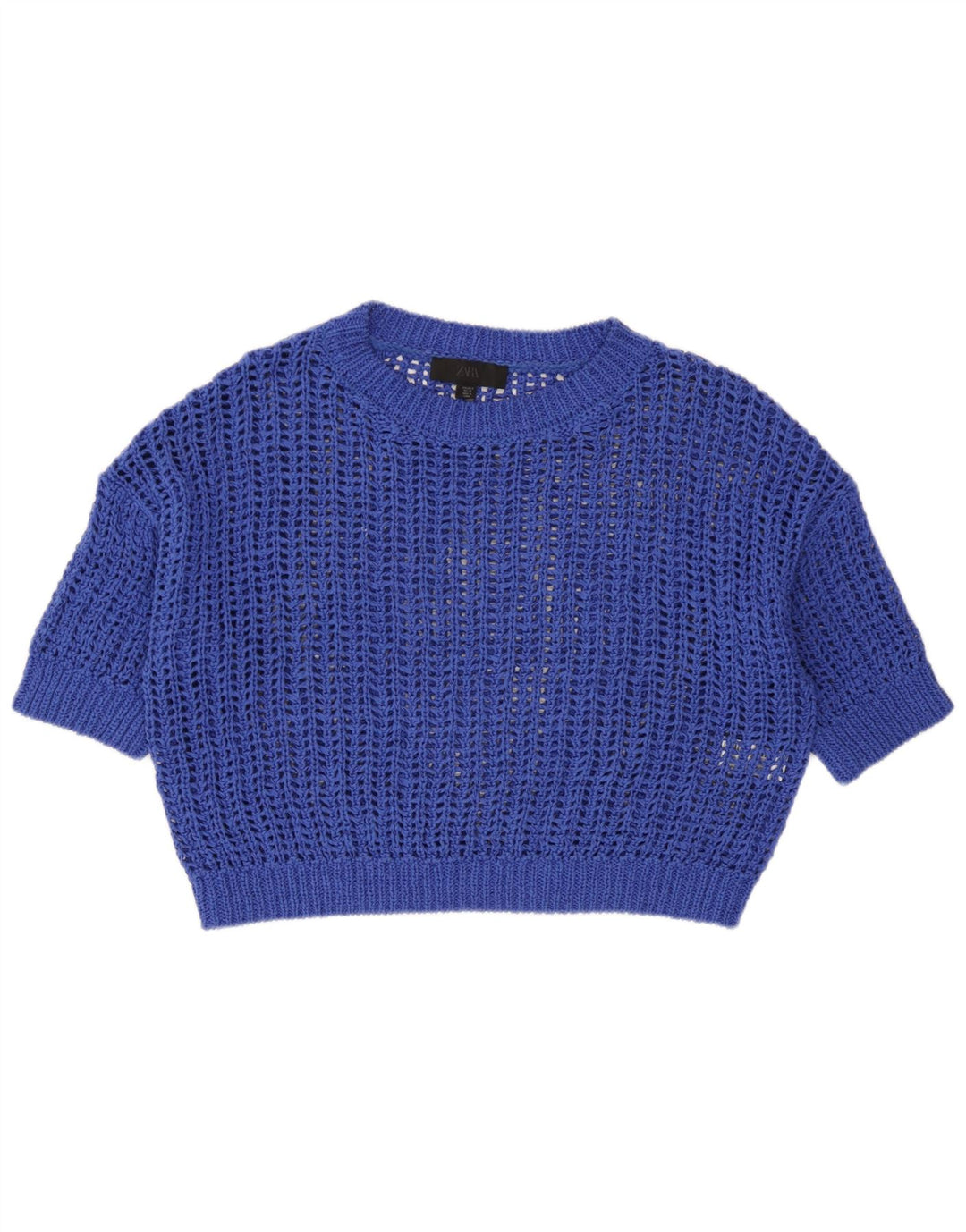 Zara Dame Oversized Se Through Knit Crop Top UK 10 Small Blue Cotton