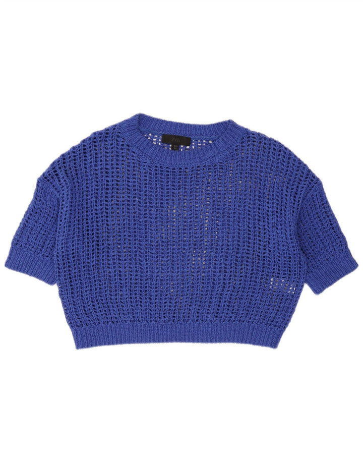 Zara Dame Oversized Se Through Knit Crop Top UK 10 Small Blue Cotton
