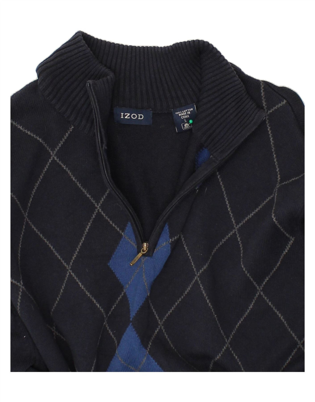 IZOD Mens Zip Neck Jumper Sweater Large Navy Blue Argyle/Diamond Cotton Vintage Izod and Second-Hand Izod from Messina Hembry 