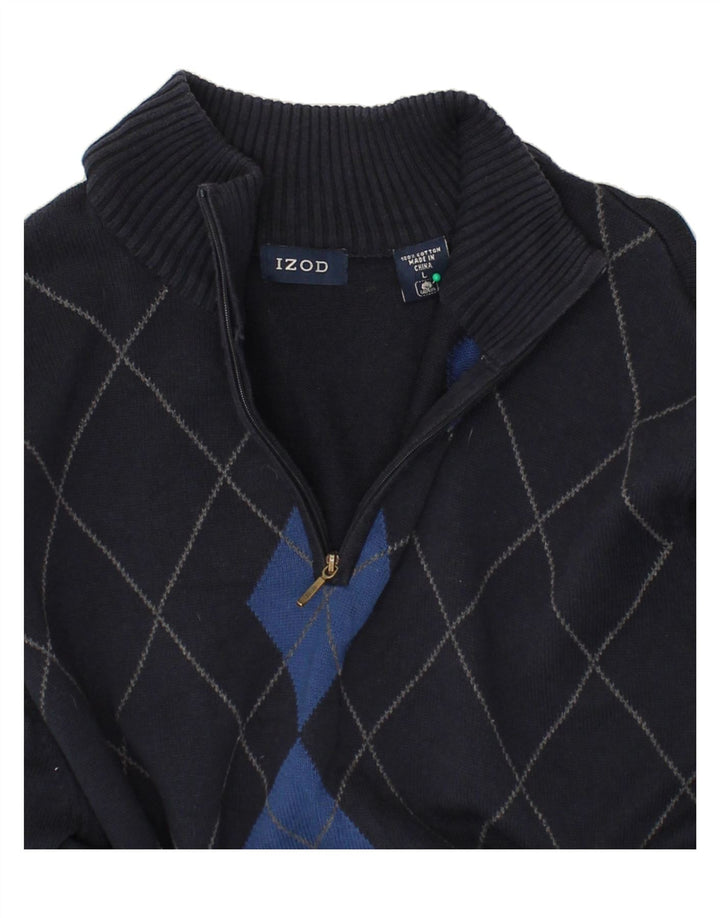 IZOD Mens Zip Neck Jumper Sweater Large Navy Blue Argyle/Diamond Cotton Vintage Izod and Second-Hand Izod from Messina Hembry 