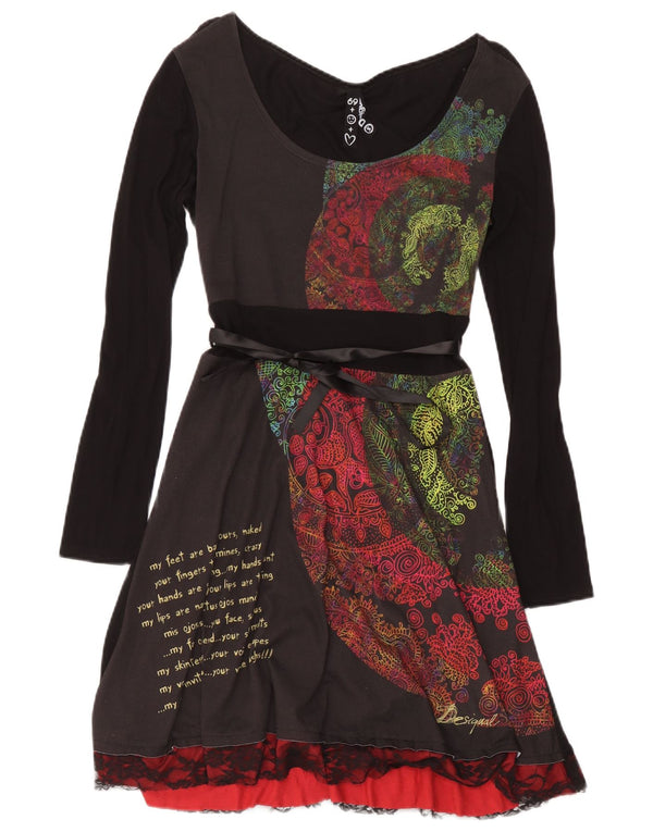 Desigual Kvinders Grafisk Langærmet A-Line Kjole UK 8 Small Black Paisley