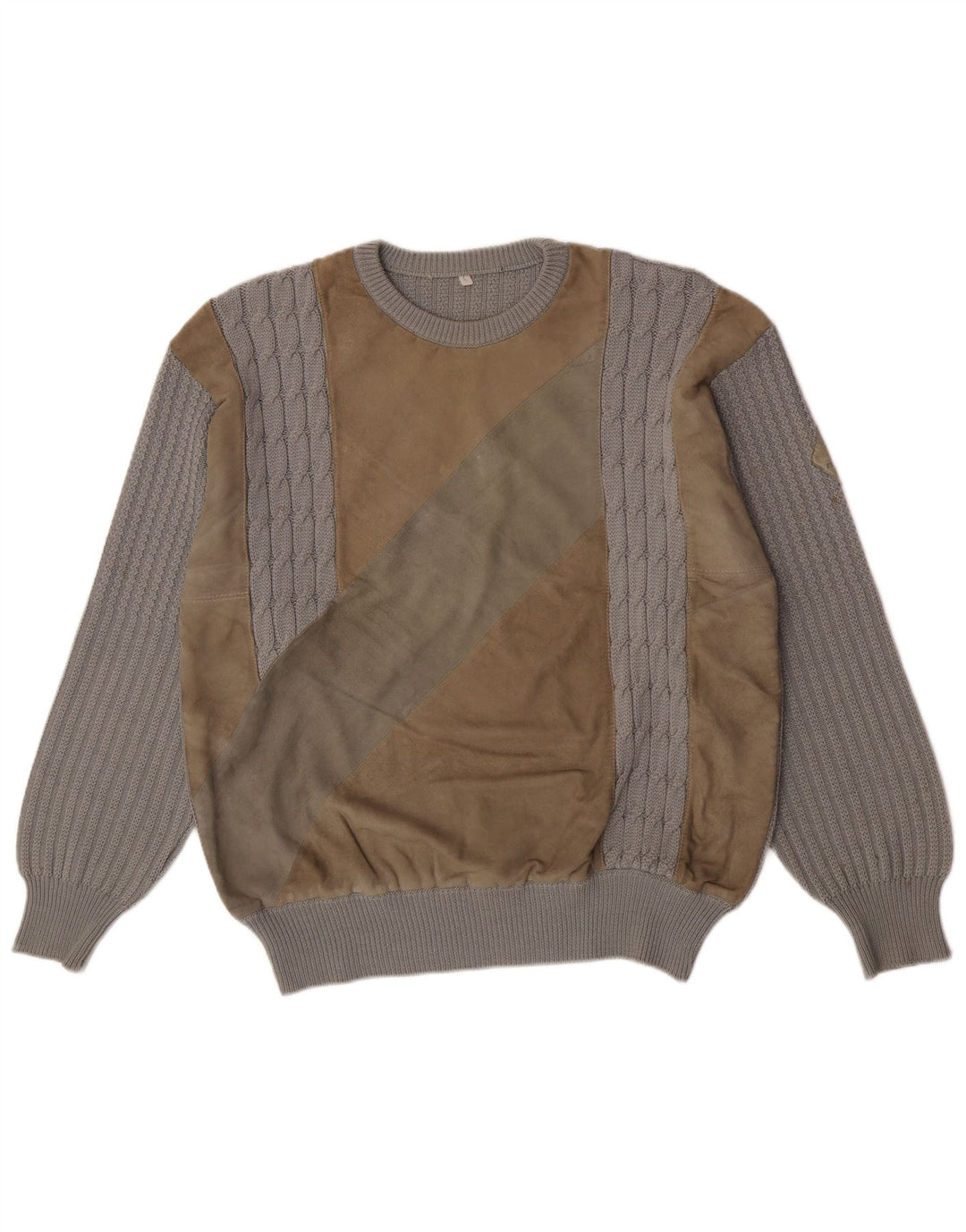 Vintage herre rund hals sweater stor grå colourblock uld