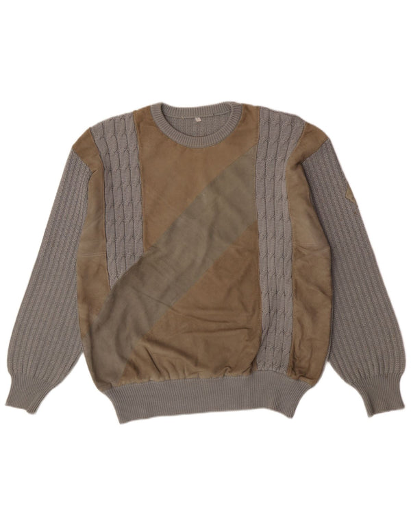 Vintage herre rund hals sweater stor grå colourblock uld