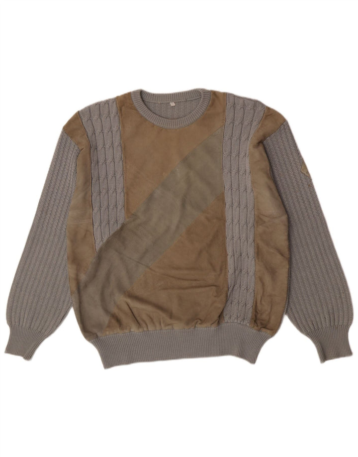 Vintage herre rund hals sweater stor grå colourblock uld
