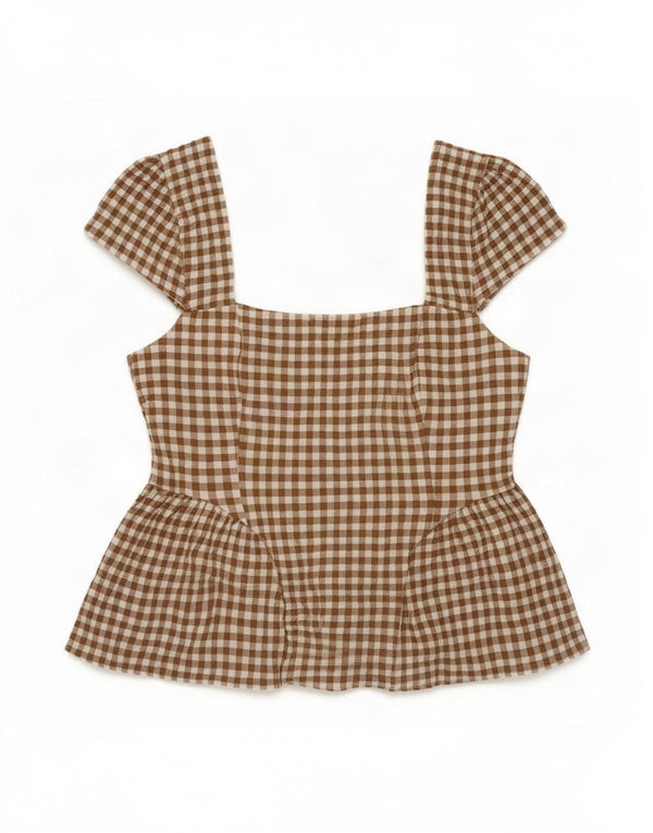 Marks & Spencer Womens Blouse Top UK 12 Medium Beige Gingham Cotton