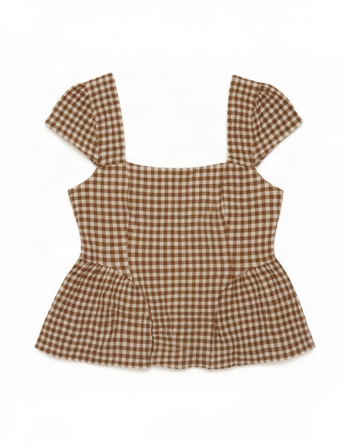 Marks & Spencer Damebluse Top UK 12 Medium Beige Gingham Cotton