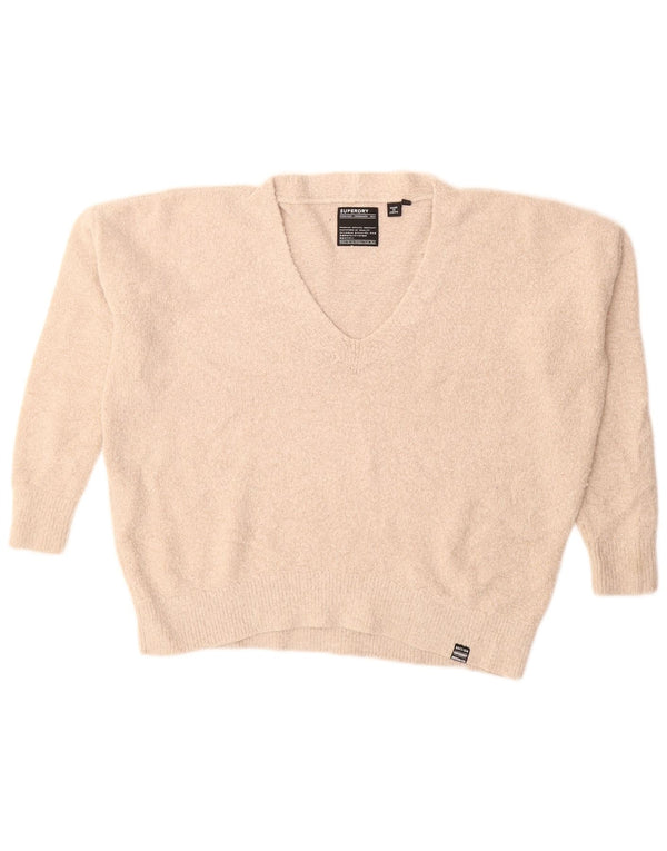 SUPERDRY Dame Oversized V-hals sweater UK 10 Small Beige Akryl